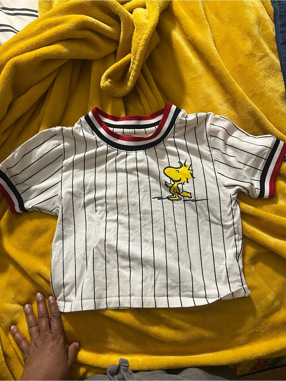 Peanuts White Pinstripe Tee with Yellow Woodstock Graphic